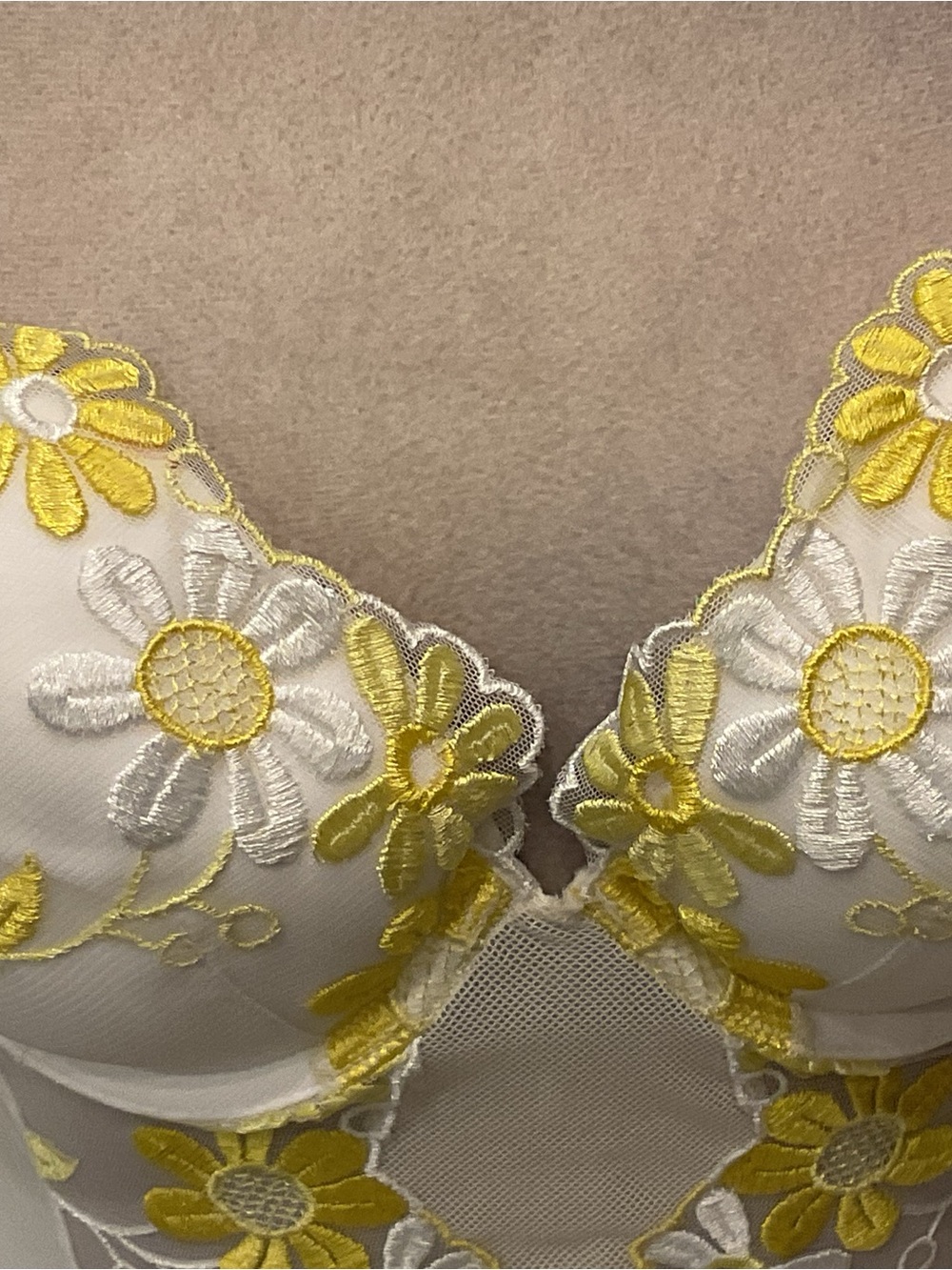 2001 Victoria's Secret White Sheer Bodysuit with Yellow Floral Embroidery - Picture 2 of 13